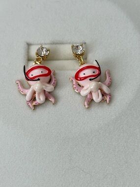Pink Octopus Drop Earrings with Crystal Studs